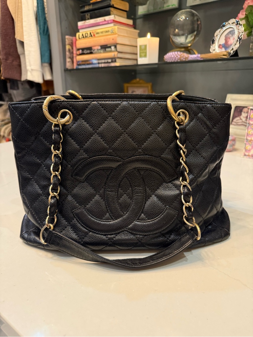 CHANEL Black Quilted Caviar Leather Shoulder Bag with Gold Chain Straps